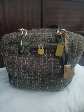 Coach Tweed Tote Bag with Olive Leather Trim and Gold Hardware